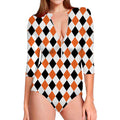 White Black And Orange Harlequin Print Long Sleeve Swimsuit