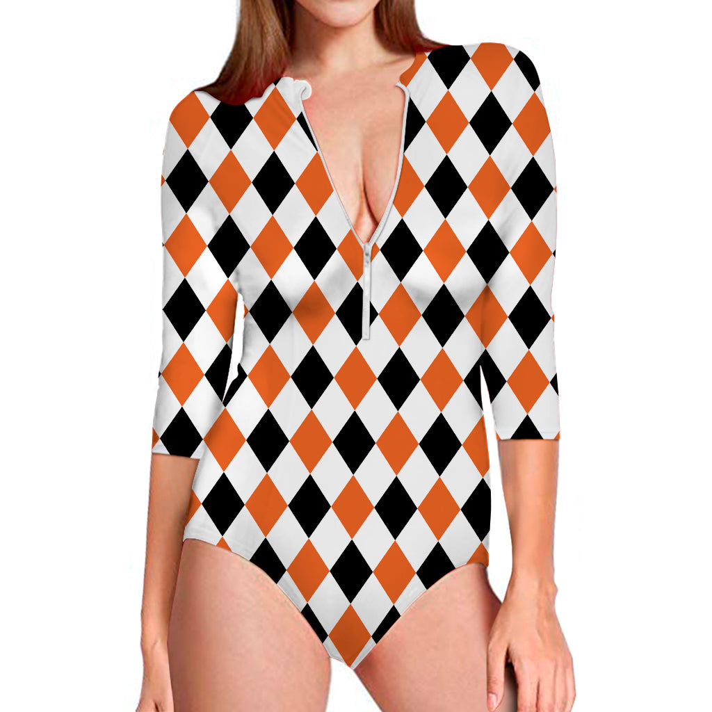 White Black And Orange Harlequin Print Long Sleeve Swimsuit