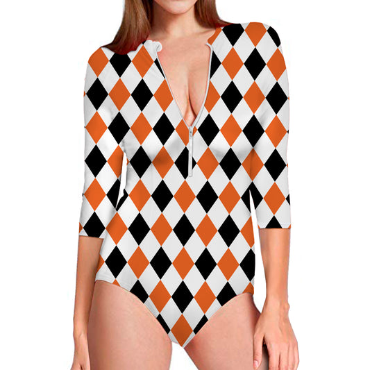 White Black And Orange Harlequin Print Long Sleeve Swimsuit