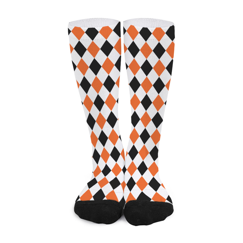 White Black And Orange Harlequin Print Long Socks
