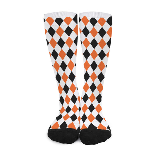 White Black And Orange Harlequin Print Long Socks