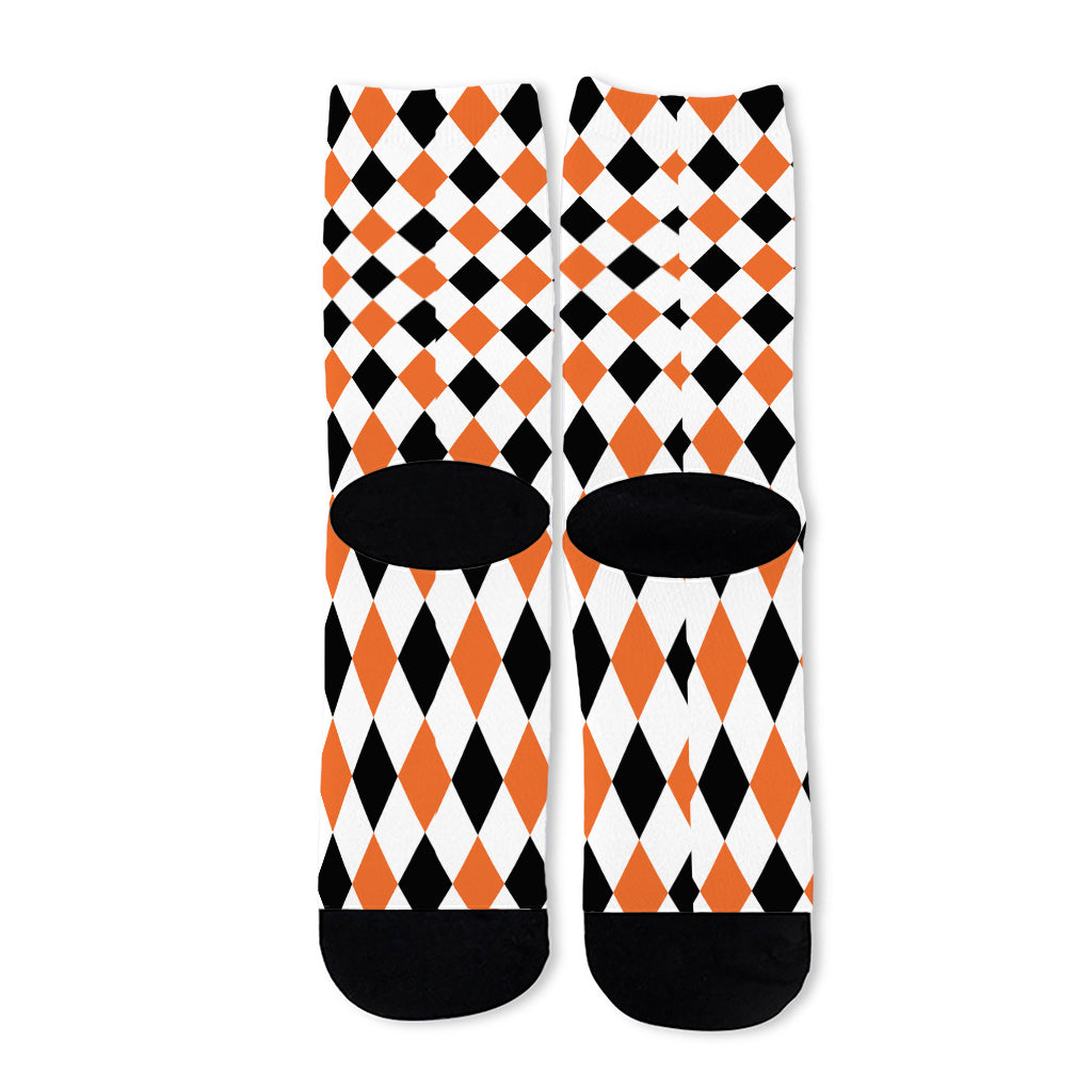 White Black And Orange Harlequin Print Long Socks