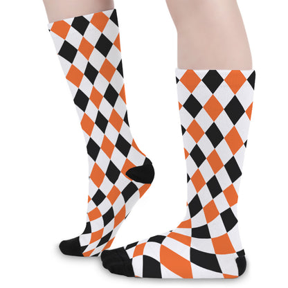 White Black And Orange Harlequin Print Long Socks