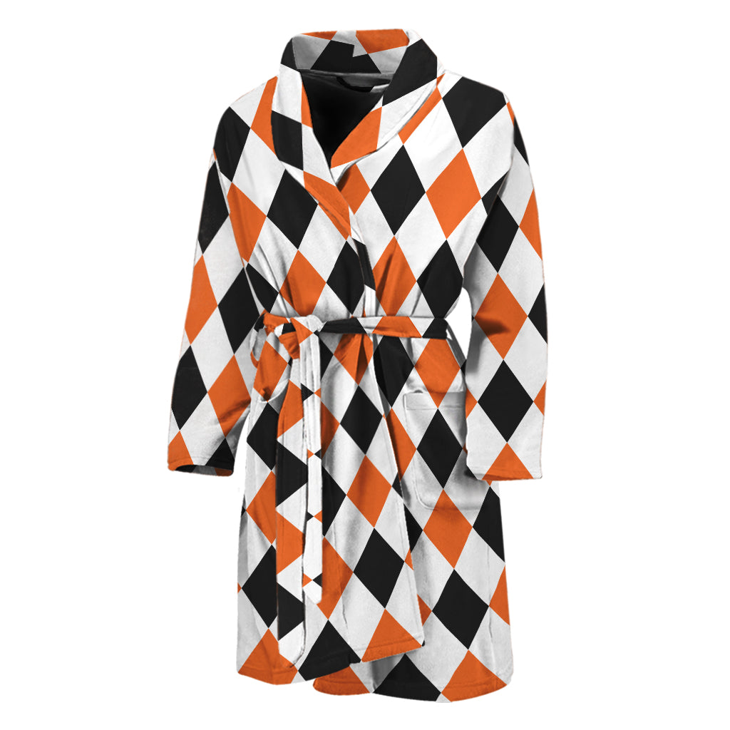 White Black And Orange Harlequin Print Men's Bathrobe