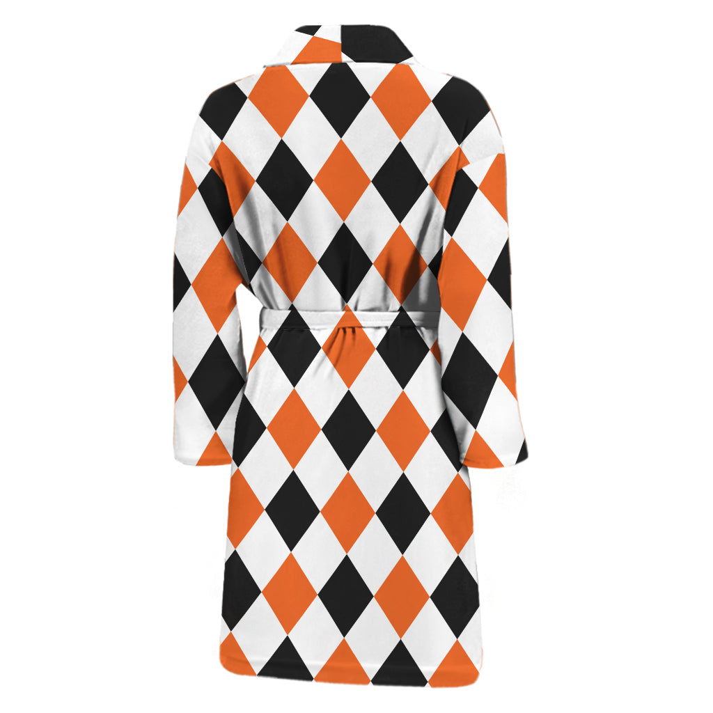 White Black And Orange Harlequin Print Men's Bathrobe