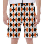 White Black And Orange Harlequin Print Men's Beach Shorts