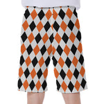 White Black And Orange Harlequin Print Men's Beach Shorts