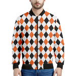 White Black And Orange Harlequin Print Men's Bomber Jacket