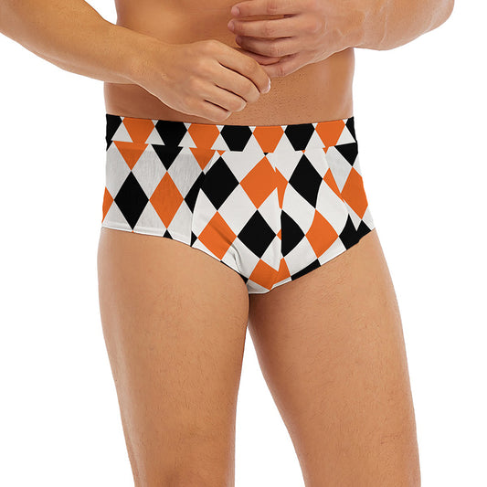 White Black And Orange Harlequin Print Men's Briefs