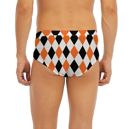 White Black And Orange Harlequin Print Men's Briefs