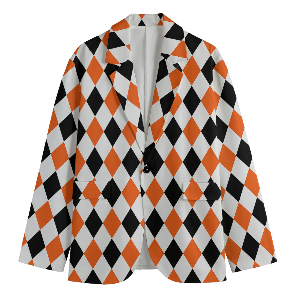 White Black And Orange Harlequin Print Men's Cotton Blazer