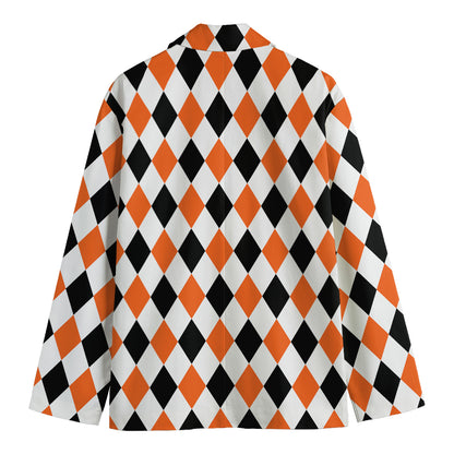 White Black And Orange Harlequin Print Men's Cotton Blazer