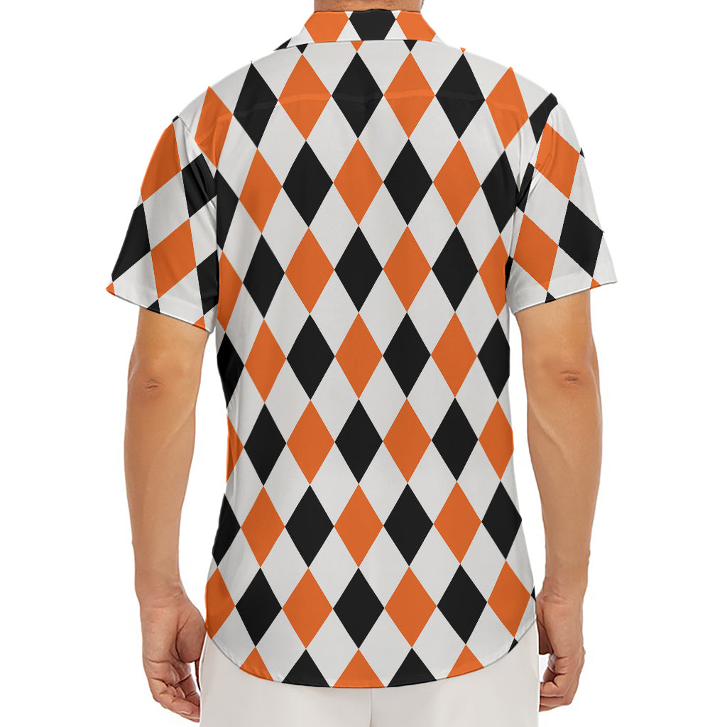 White Black And Orange Harlequin Print Men's Deep V-Neck Shirt