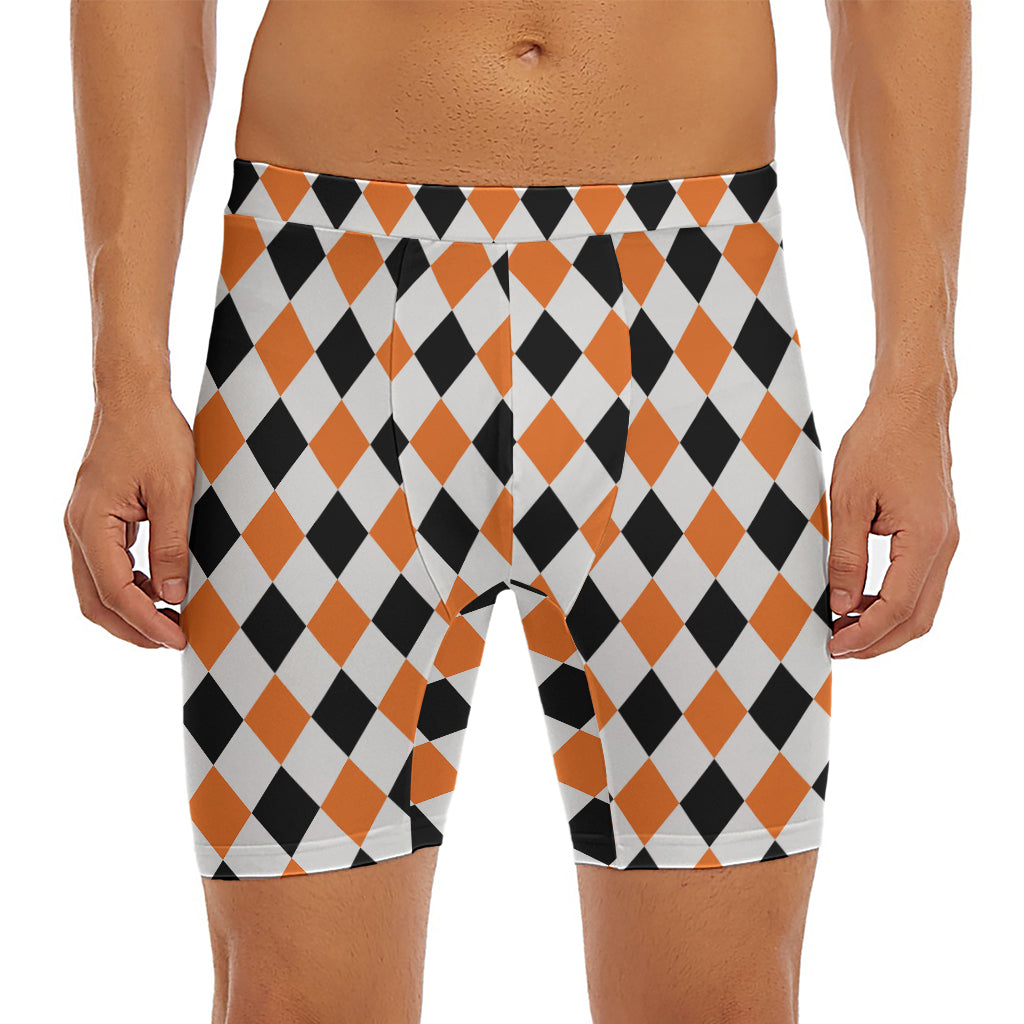 White Black And Orange Harlequin Print Men's Long Boxer Briefs
