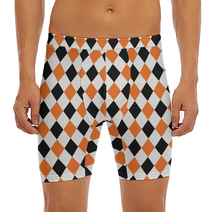 White Black And Orange Harlequin Print Men's Long Boxer Briefs