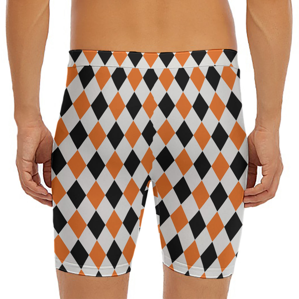 White Black And Orange Harlequin Print Men's Long Boxer Briefs