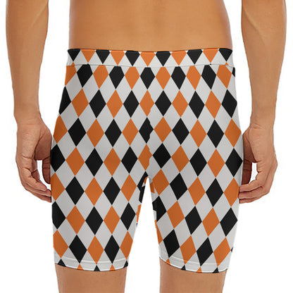 White Black And Orange Harlequin Print Men's Long Boxer Briefs
