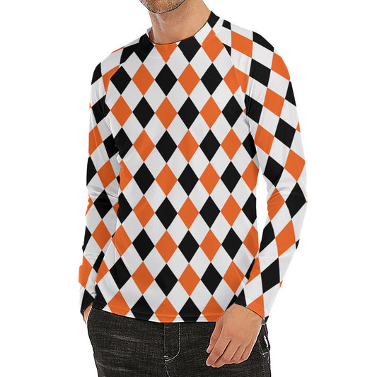 White Black And Orange Harlequin Print Men's Long Sleeve Rash Guard