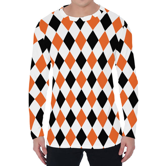 White Black And Orange Harlequin Print Men's Long Sleeve T-Shirt