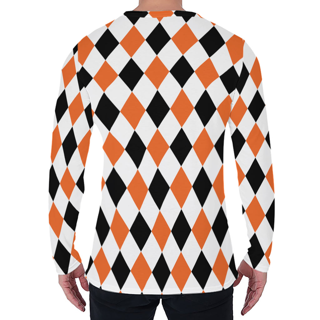 White Black And Orange Harlequin Print Men's Long Sleeve T-Shirt