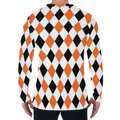 White Black And Orange Harlequin Print Men's Long Sleeve T-Shirt