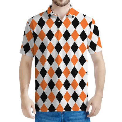 White Black And Orange Harlequin Print Men's Polo Shirt