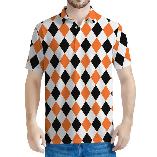 White Black And Orange Harlequin Print Men's Polo Shirt