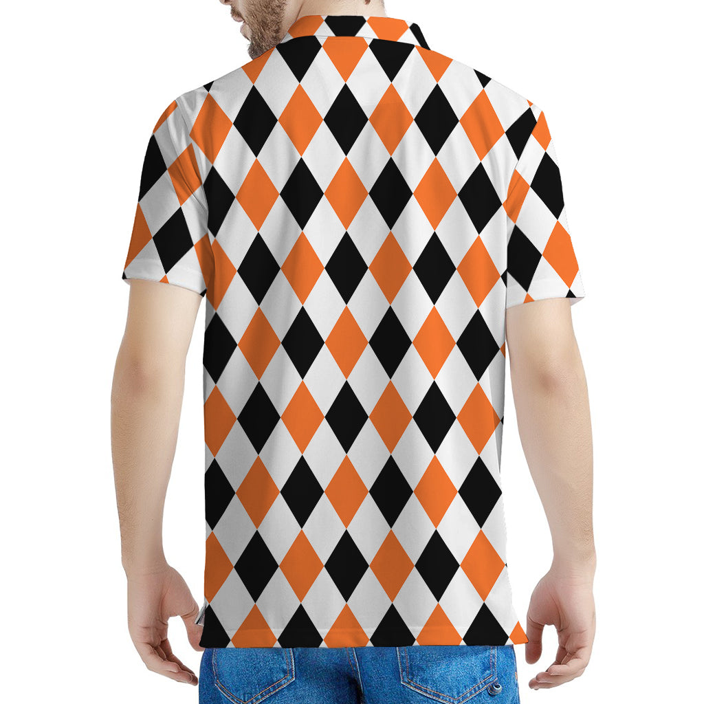 White Black And Orange Harlequin Print Men's Polo Shirt