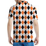 White Black And Orange Harlequin Print Men's Polo Shirt