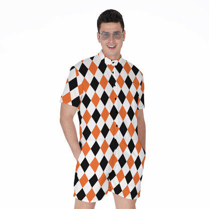 White Black And Orange Harlequin Print Men's Rompers