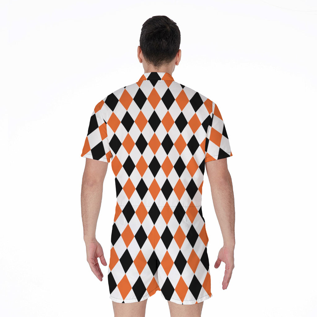 White Black And Orange Harlequin Print Men's Rompers