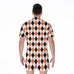 White Black And Orange Harlequin Print Men's Rompers