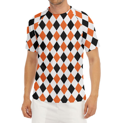 White Black And Orange Harlequin Print Men's Short Sleeve Rash Guard