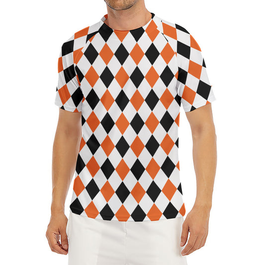 White Black And Orange Harlequin Print Men's Short Sleeve Rash Guard