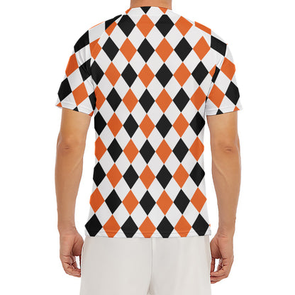 White Black And Orange Harlequin Print Men's Short Sleeve Rash Guard