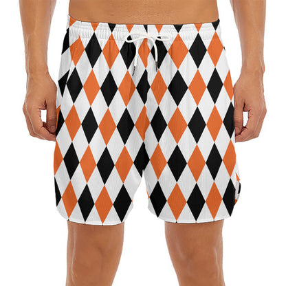 White Black And Orange Harlequin Print Men's Split Running Shorts