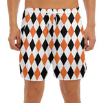 White Black And Orange Harlequin Print Men's Split Running Shorts