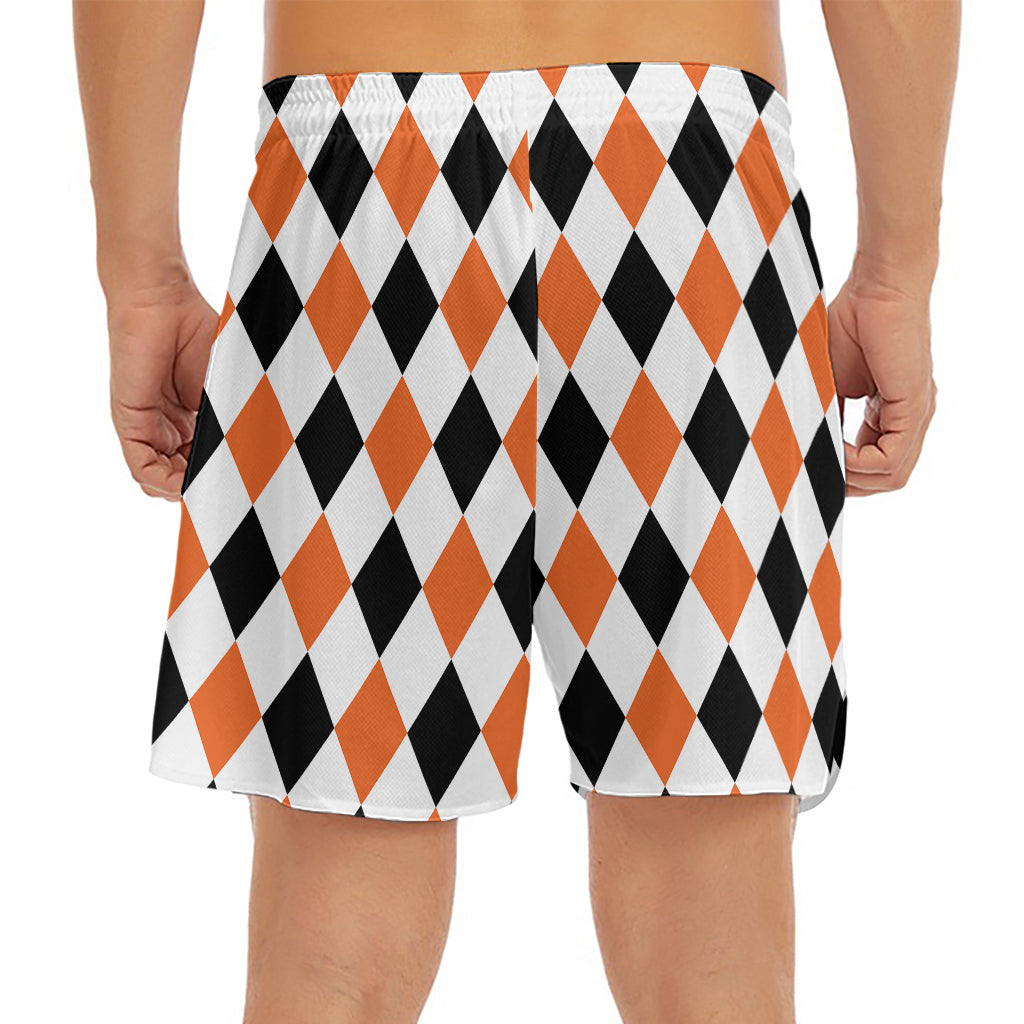 White Black And Orange Harlequin Print Men's Split Running Shorts