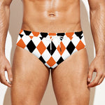 White Black And Orange Harlequin Print Men's Swim Briefs