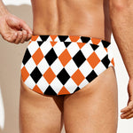 White Black And Orange Harlequin Print Men's Swim Briefs