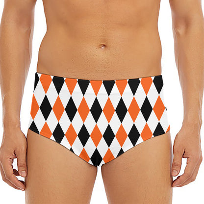 White Black And Orange Harlequin Print Men's Triangle Swim Briefs