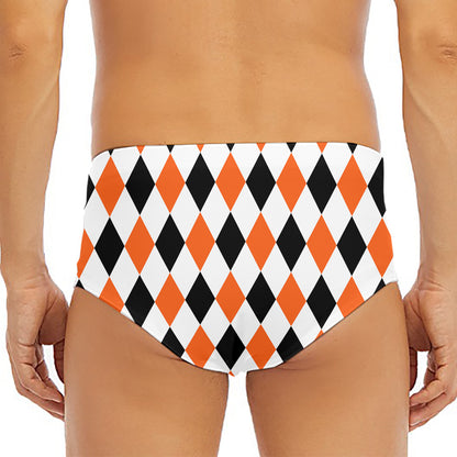 White Black And Orange Harlequin Print Men's Triangle Swim Briefs