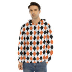 White Black And Orange Harlequin Print Men's Velvet Pullover Hoodie