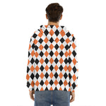 White Black And Orange Harlequin Print Men's Velvet Pullover Hoodie