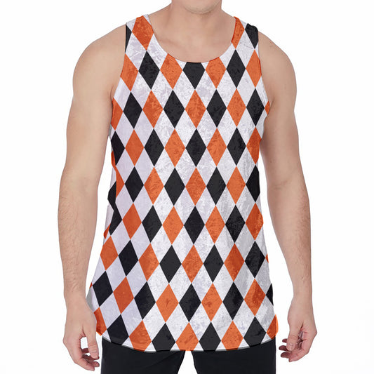 White Black And Orange Harlequin Print Men's Velvet Tank Top