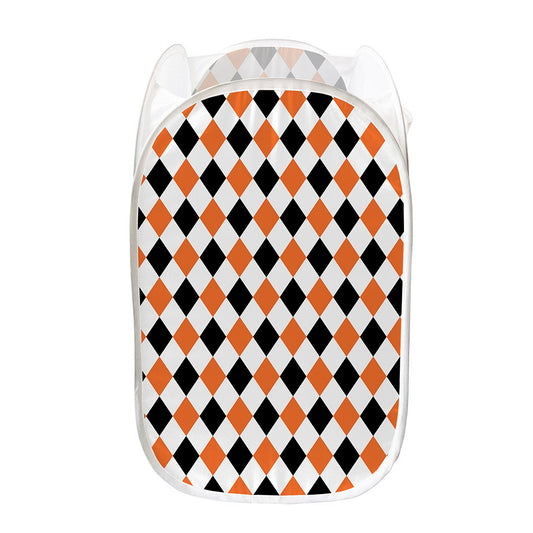 White Black And Orange Harlequin Print Mesh Laundry Hamper