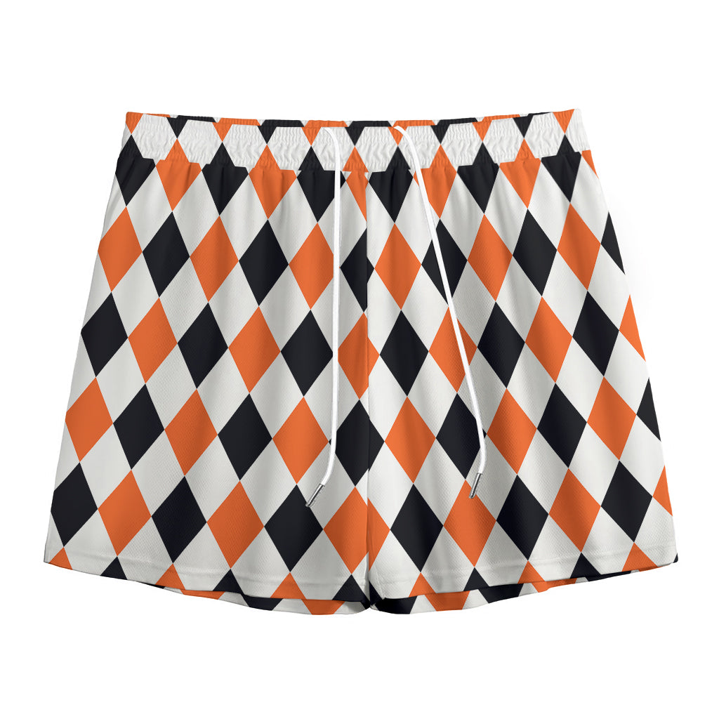 White Black And Orange Harlequin Print Mesh Shorts