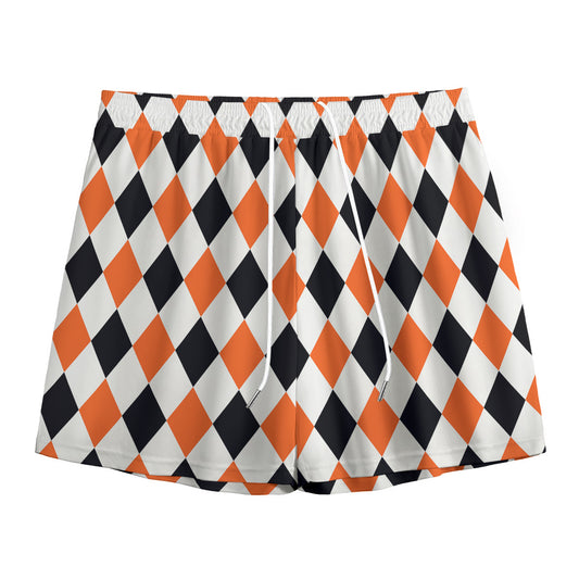 White Black And Orange Harlequin Print Mesh Shorts