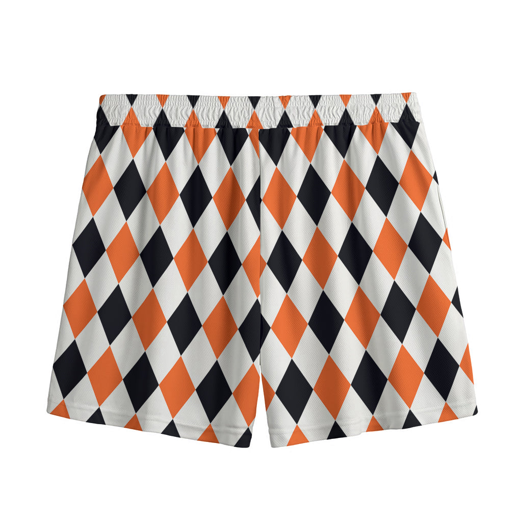 White Black And Orange Harlequin Print Mesh Shorts