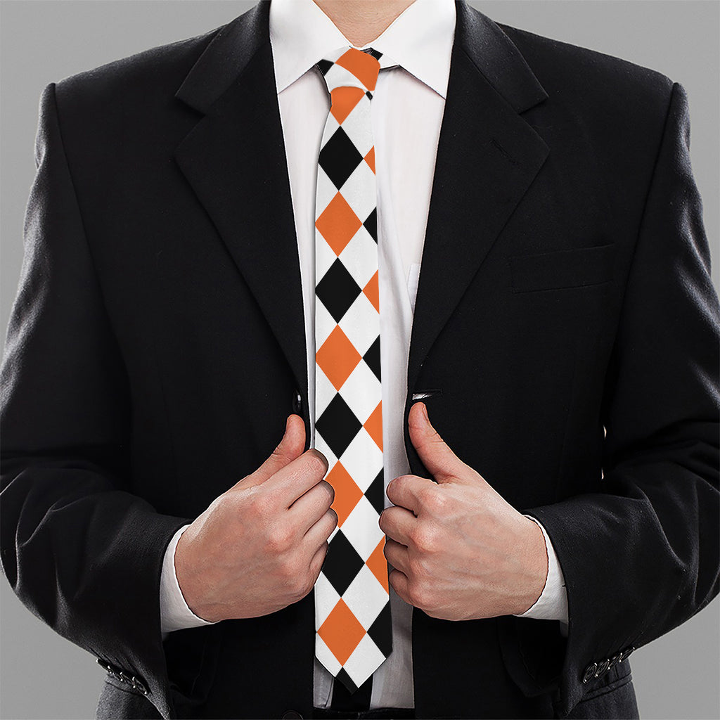 White Black And Orange Harlequin Print Necktie